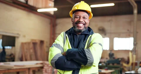 Construction, face and mature man with crossed arms, confidence and ppe for Stock Footage 337987663