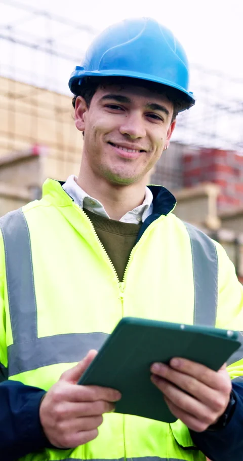 Construction, face and tablet with happy man outdoor for checklist, inspection Stock Footage 340872873
