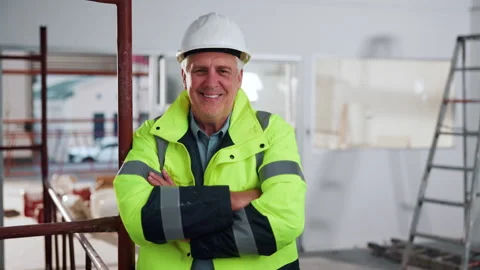 Construction, face or engineer on site with arms crossed, contractor or about us Stock Footage 341548619