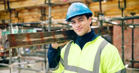 Construction, face or man outdoor with wooden plank, positive attitude or pride Stock Footage 337037679