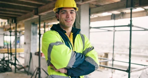 Construction, face or man on site with arms crossed, positive attitude or pride Stock Footage 337015633