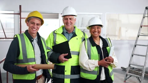 Construction, face or team on site with pride, contracting staff or ambition in Stock Footage 341547218