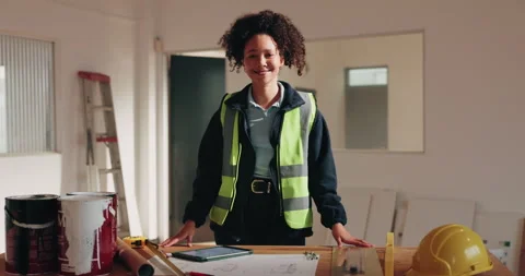 Construction, face or woman on site with pride, contractor or about us in Stock Footage 341590089