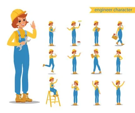 Construction female worker character vector design. Animate personage. Fun Stock Illustration