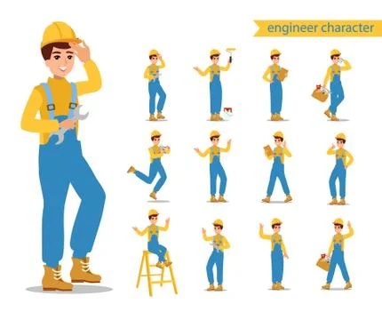 Construction female worker character vector design. Animate personage. Fun Stock Illustration