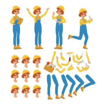 Construction female worker character vector design. Animate personage. Fun ca Stock Illustration