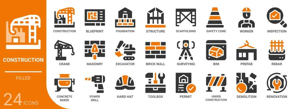 Construction filled glyph icon set,24 vector icons Ilustración de archivo