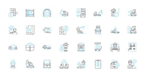 Construction firm linear icons set. Renovation, Excavation, Foundation Stock Illustration