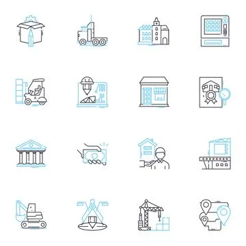 Construction firm linear icons set. Renovation, Excavation, Foundation Stock Illustration