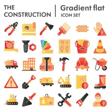 Construction flat icon set, repair symbols collection, vector sketches, logo Stock Illustration