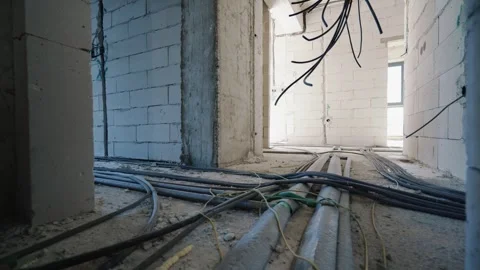 Construction Flight Camera Cables on Concrete Floor Stock Footage 264681731