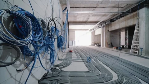 Construction Flight Camera Cables on Concrete Floor Stock Footage 264683784