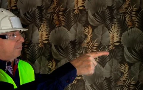 Construction foreman pointing at wall pattern Stock Photos