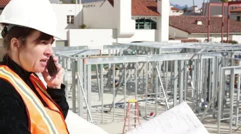 Construction Forewoman Talks on Cell Phone Stock Footage 20482155