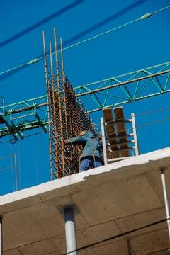 Construction formwork, reinforcement for the construction of buildings. Worke Stock Photos