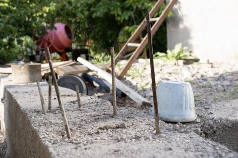Construction of the foundation of the building, cement reinforcement is a strong Stock Photos