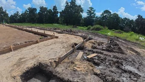 Construction Foundation Site With Wooden Forms And Piles Of Dirt Fotos de archivo