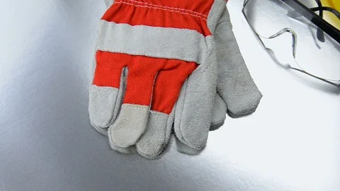 Construction Gear on Tabletop with Hardhat  Stock Footage 87220686