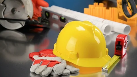 Construction Gear on Tabletop with Hardhat  Stock Footage 87222005