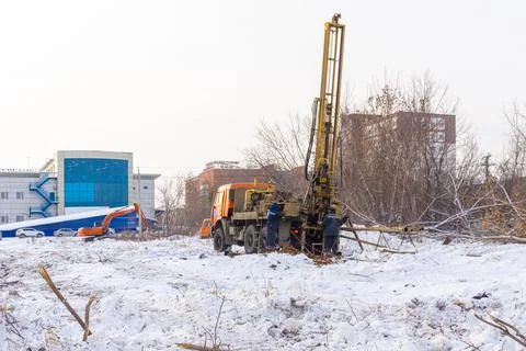 Before construction, geological studies of the structure and depth of soil Stock Photos