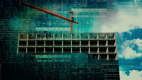 Construction of a glass building with code and business icon overlay Stock Footage 167965879