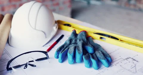 Construction, gloves or tools with helmet on table for development, layout or Stock Footage 336779855