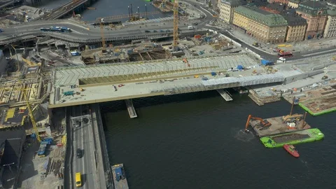 The construction of the Golden Bridge at slussen construction site in Stockholm Stock Footage 129303111