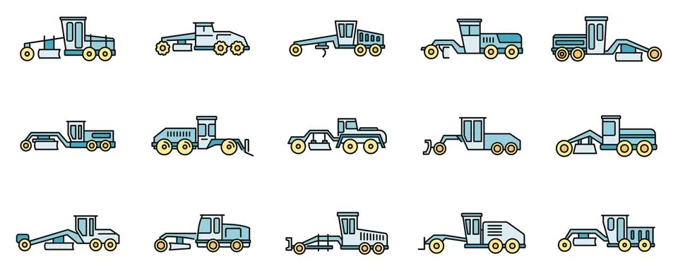 Construction grader machine icons set vector color line Stock Illustration