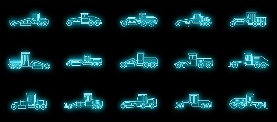 Construction grader machine icons set vector neon Stock Illustration