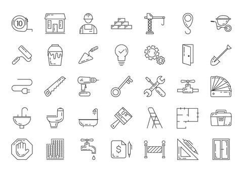 Construction gray icon set isolated on white background. Outline style. Vecto Stock Illustration