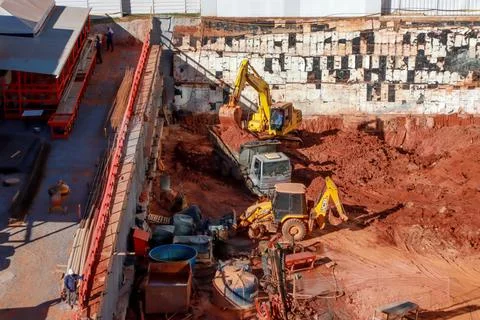 Construction on the ground work foundation of a New Apartment Building Stock Photos