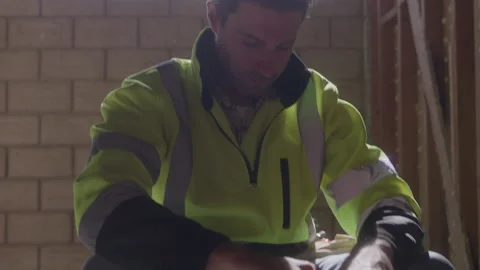 Construction Guy Sits On Toolbox Thinking Stock Footage 270391656