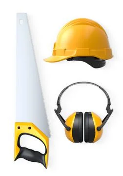 Construction hand saw, hard hat, and earmuffs isolated on white background wi Stock Illustration