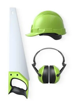 Construction hand saw, hard hat and earmuffs isolated on white background with Stock Illustration