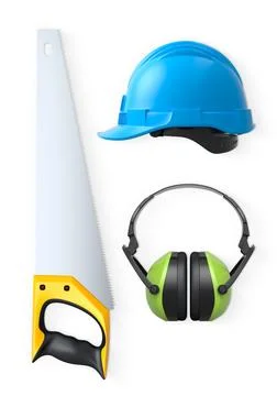 Construction hand saw, hard hat, and earmuffs isolated on white background wi Stock Illustration