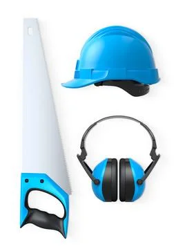 Construction hand saw, hard hat, and earmuffs isolated on white background wi Stock Photos