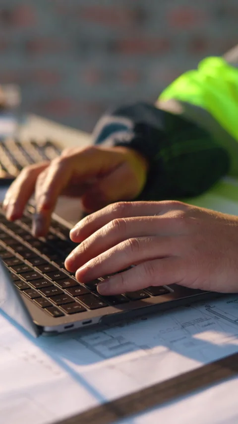 Construction, hands and laptop with man on building site for planning or Stock Footage 336182461