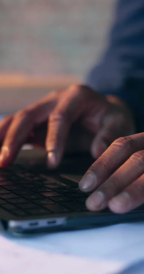 Construction, hands and typing on laptop on site for progress report, building Stock Footage 340871013