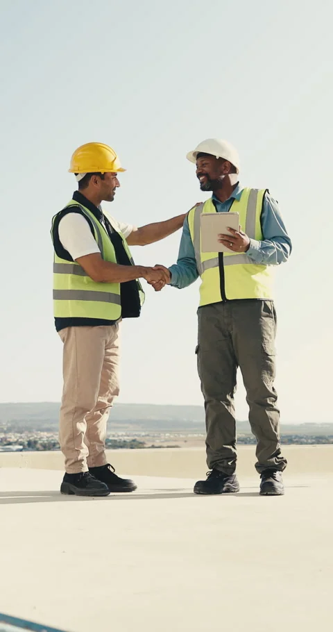 Construction, handshake and men with tablet, city and discussion for renovation Stock Footage 345580668