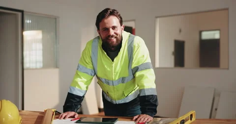 Construction, happy and engineer on site with face, contractor and about us in Stock Footage 341562295