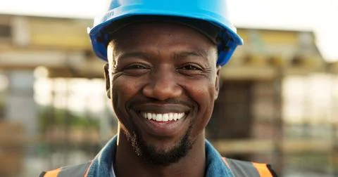 Construction, happy or engineer on site with portrait, contractor or about us in Stock Photos