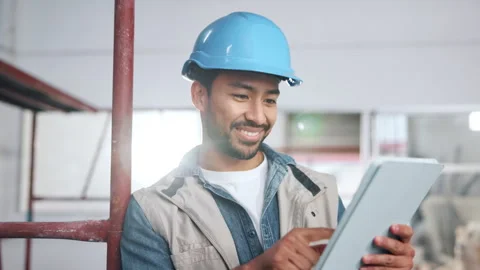 Construction, happy or man on site with tablet, task agenda or inspection report Stock Footage 341547175