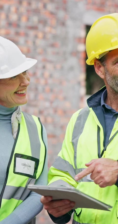 Construction, happy or team on site with tablet, progress track or task brief Stock Footage 340954009