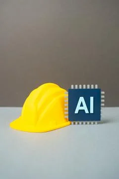 Construction hard hat and AI microchip. Application of AI in design and const Stock Photos