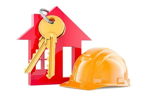 Construction hard hat and home key with keychain, 3D rendering 스톡 일러스트