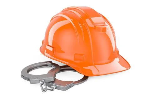 Construction hard hat with handcuffs, 3D rendering Stock Illustration