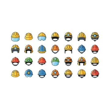 Construction hard hat icon set pixel art safety gear collection graphic Stock Illustration