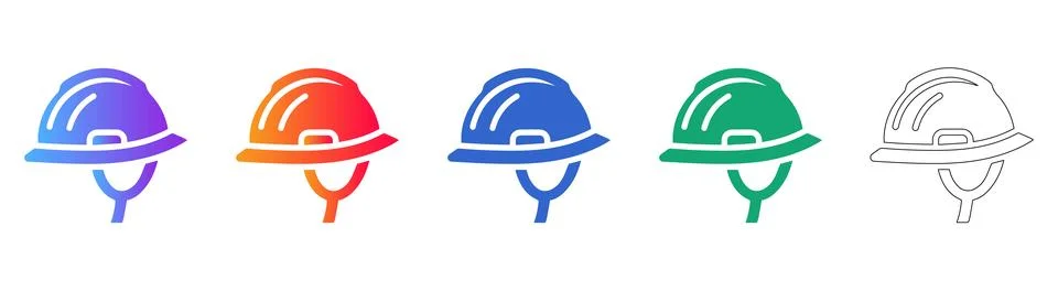 Construction Hard Hat Icons in Multiple Colors and Outline Style Stock Illustration