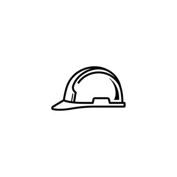 Construction hard hat safety icon line drawing with minimalist graphic is Stock Illustration