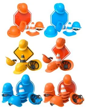 Construction hard hats, traffic cones, and road signs isolated on white bac.. Stock Illustration
